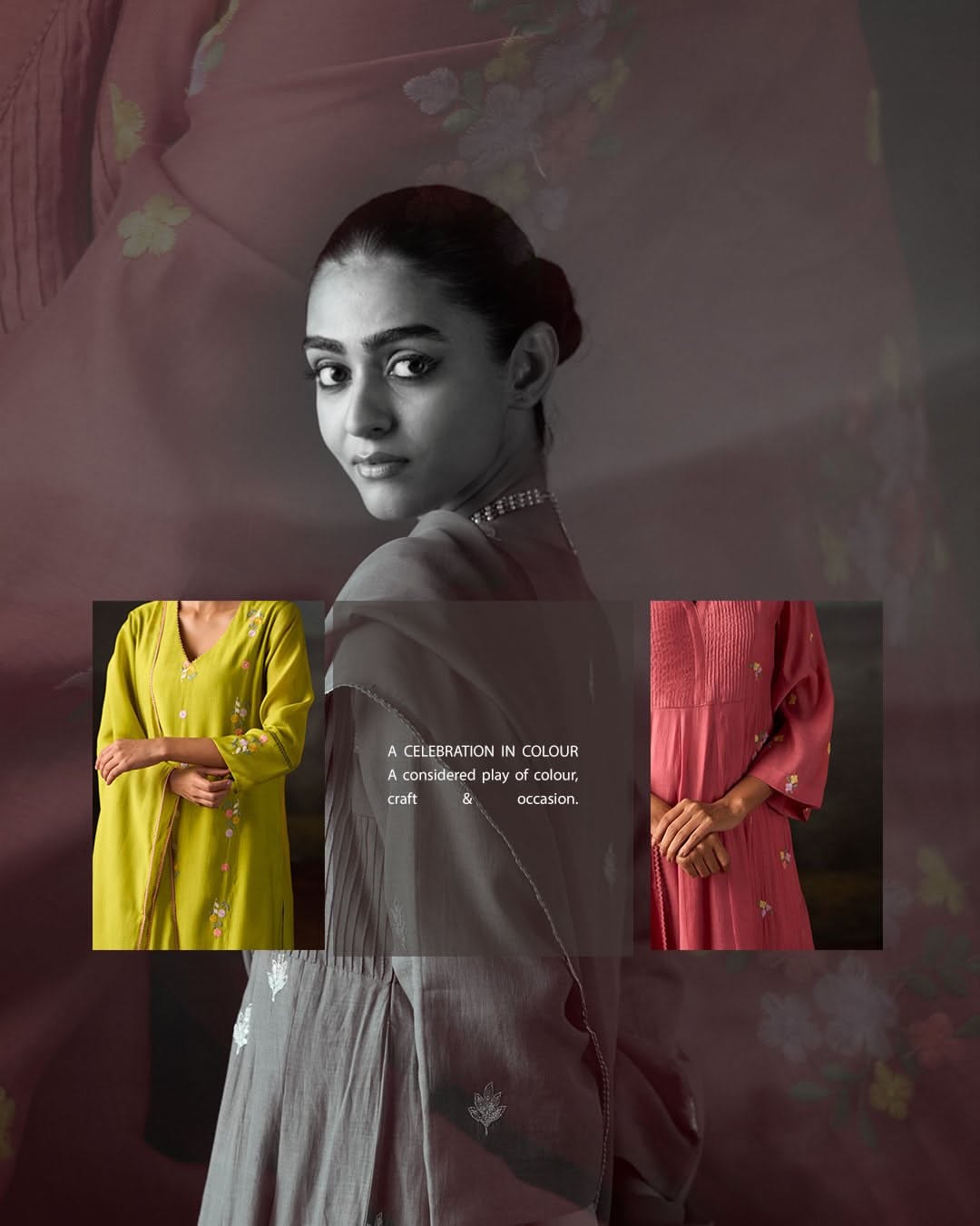 Instagram post: Monochrome portrait with colour garment panels, slide 1