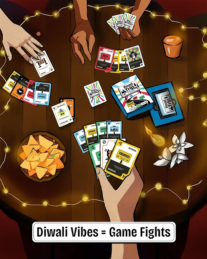 Diwali creative ad: Top-down view of hands playing a card game on a wooden table