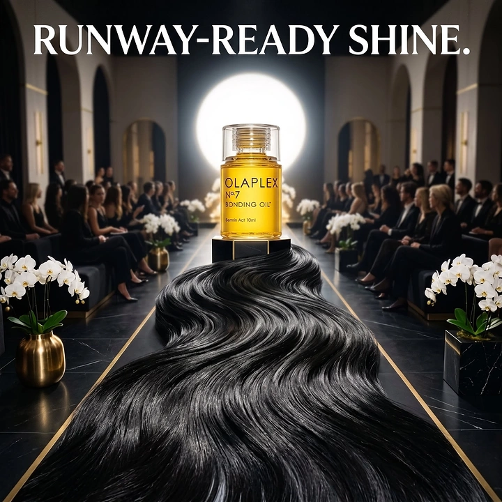 Hair Care Brands creative ad: Hair oil bottle on plinth atop a runway made of glossy black hair