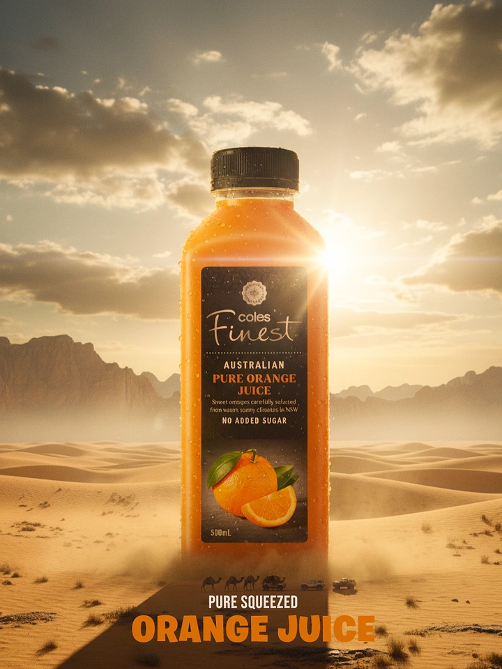 Grocery Stores & Supermarkets creative ad: Giant orange juice bottle in a desert landscape