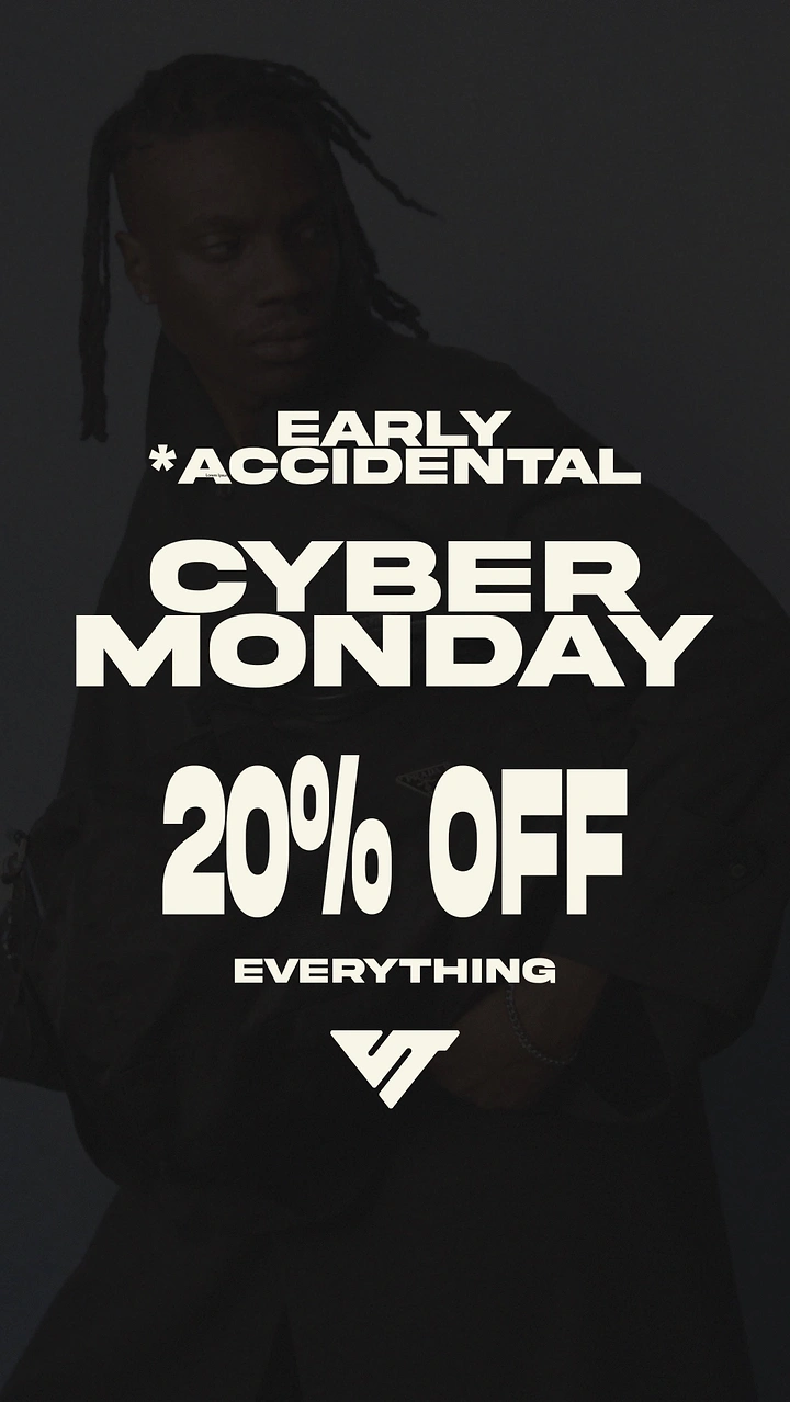 Cyber Monday creative ad: Model with braids in a dark jacket, dimmed behind the text