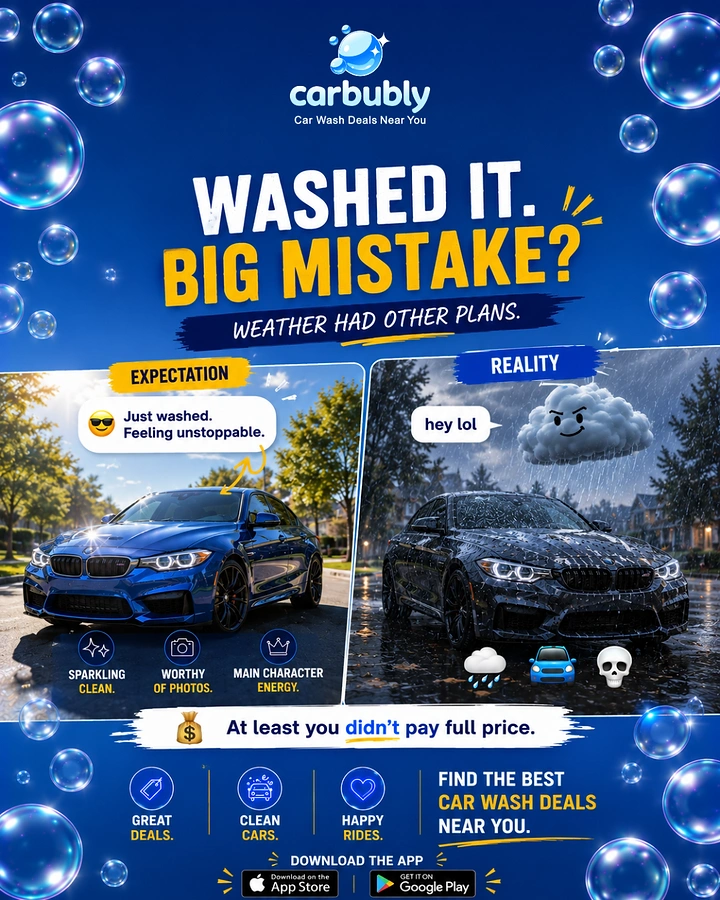Car Wash & Detailing creative ad: Witty expectation vs reality weather joke