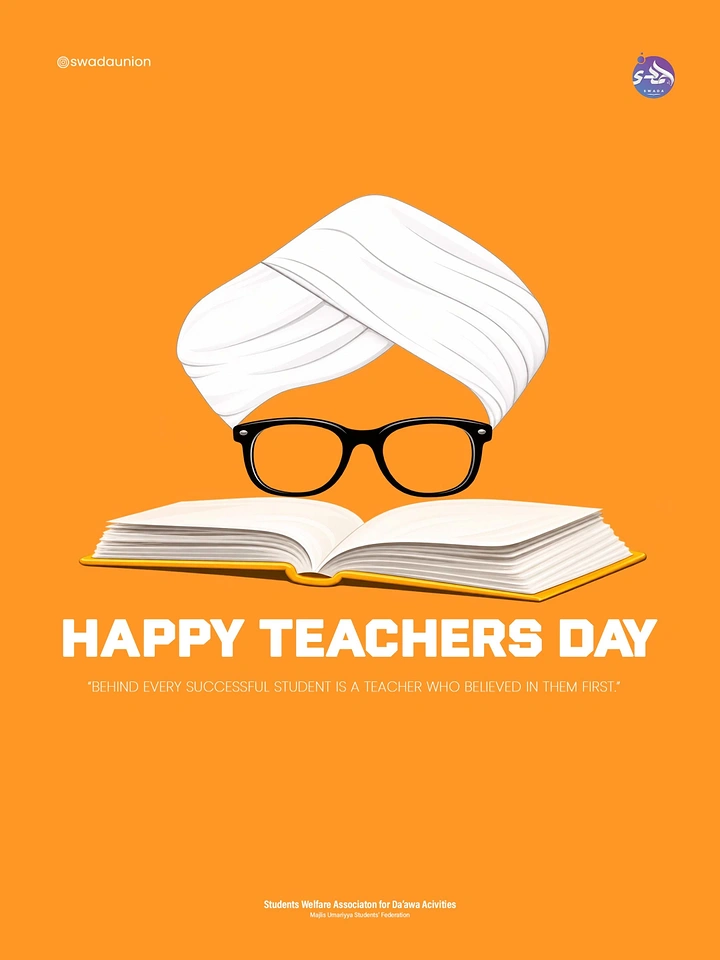Teachers Day creative ad: Faceless teacher suggested by a white turban and glasses above an open book