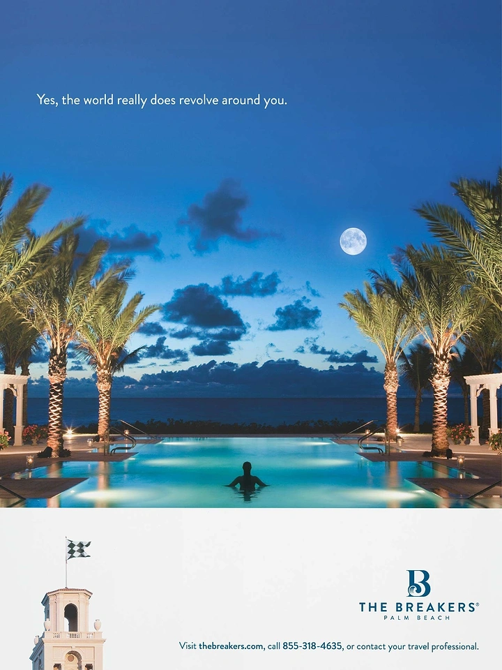 Creative ad: Lone swimmer in a lit infinity pool framed by palms under a full moon
