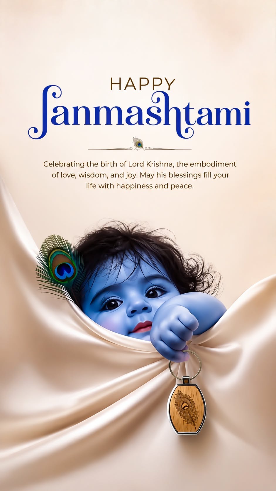 Blue baby Krishna peeking out of ivory satin fabric holding a keychain