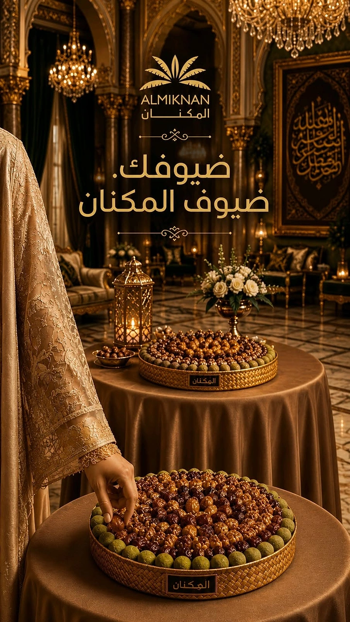 Ramadan creative ad: Hand taking a date from a woven platter in an opulent majlis
