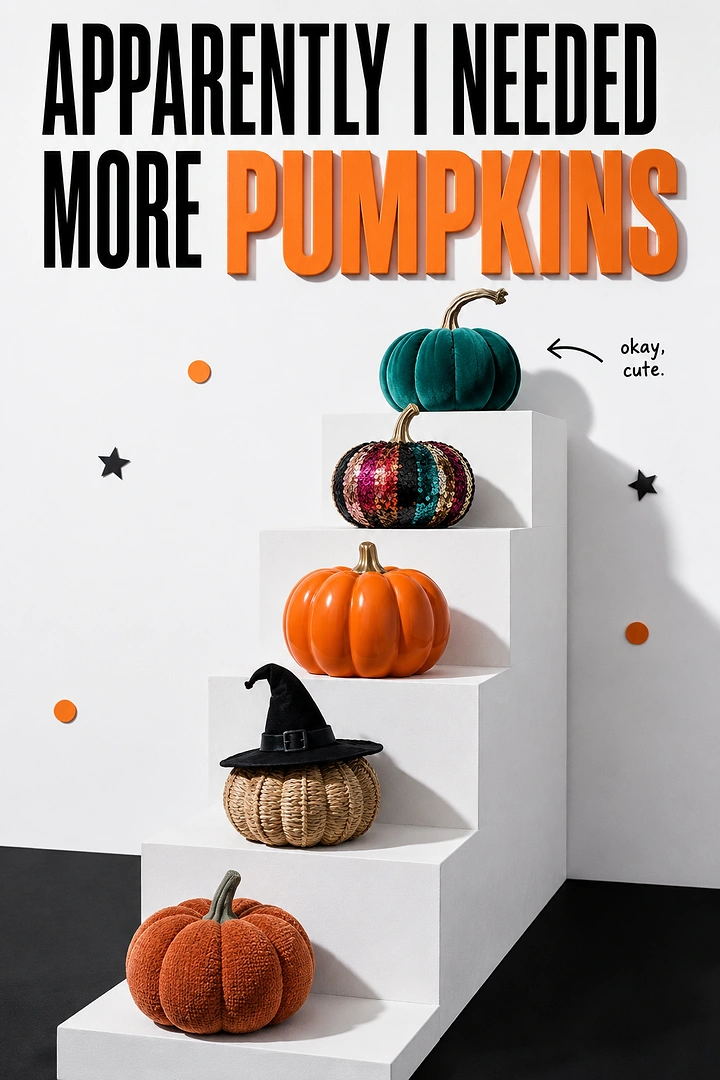 Halloween creative ad: Assorted decorative pumpkins displayed on white stepped plinths