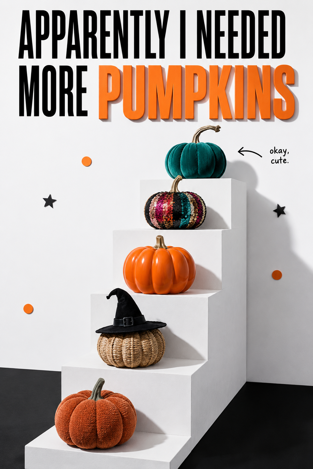 Halloween Instagram post: Assorted decorative pumpkins displayed on white stepped plinths