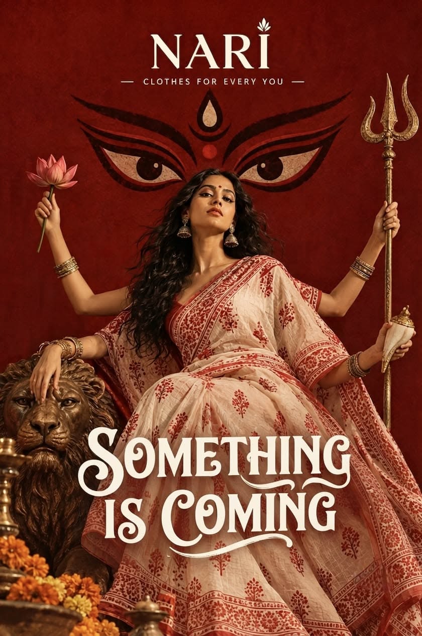 Woman in red-and-white saree posed as multi-armed Durga with lion