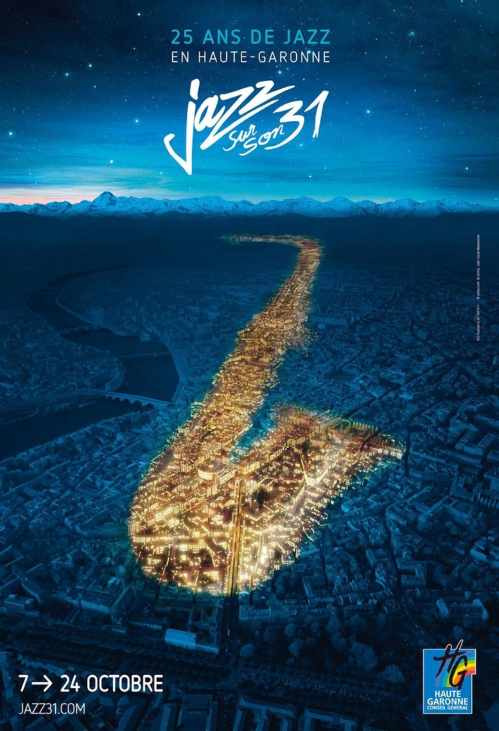 Music & Dance Classes creative ad: Aerial night city whose glowing streets form a saxophone