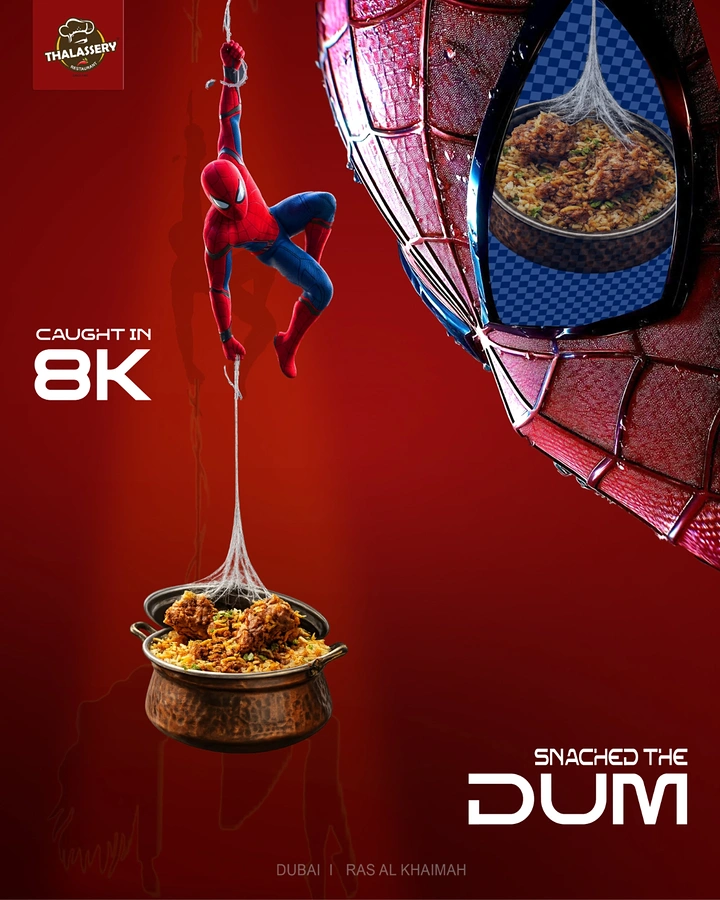Biryani Restaurants & Brands creative ad: Web-slinging superhero lifting a copper pot of biryani on a web