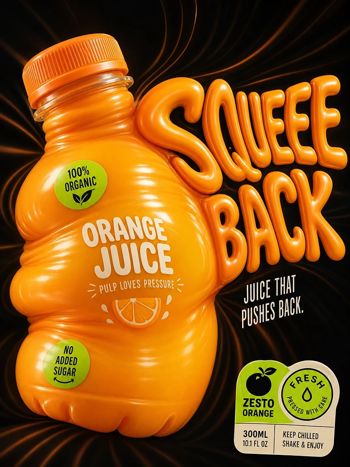 Organic & Farm Produce creative ad: Squeezed glossy orange juice bottle with puffy 3D headline