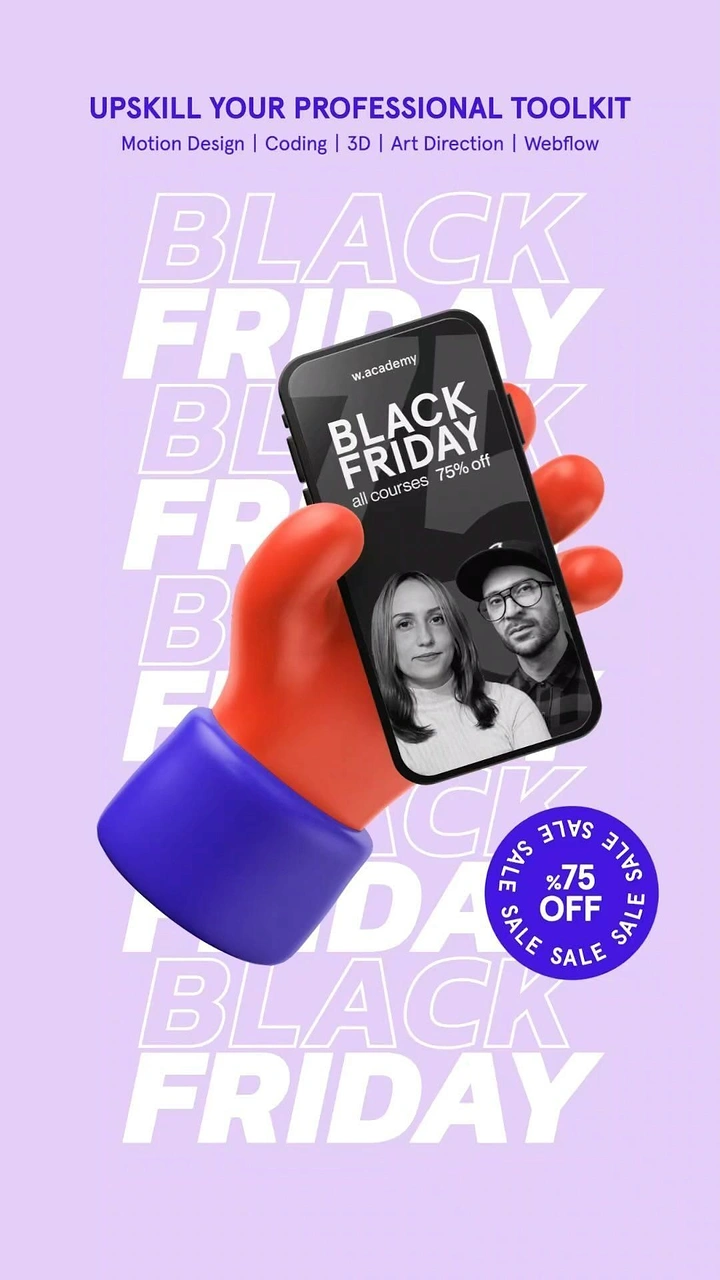 Black Friday creative ad: 3D cartoon hand holding a smartphone showing a course promo