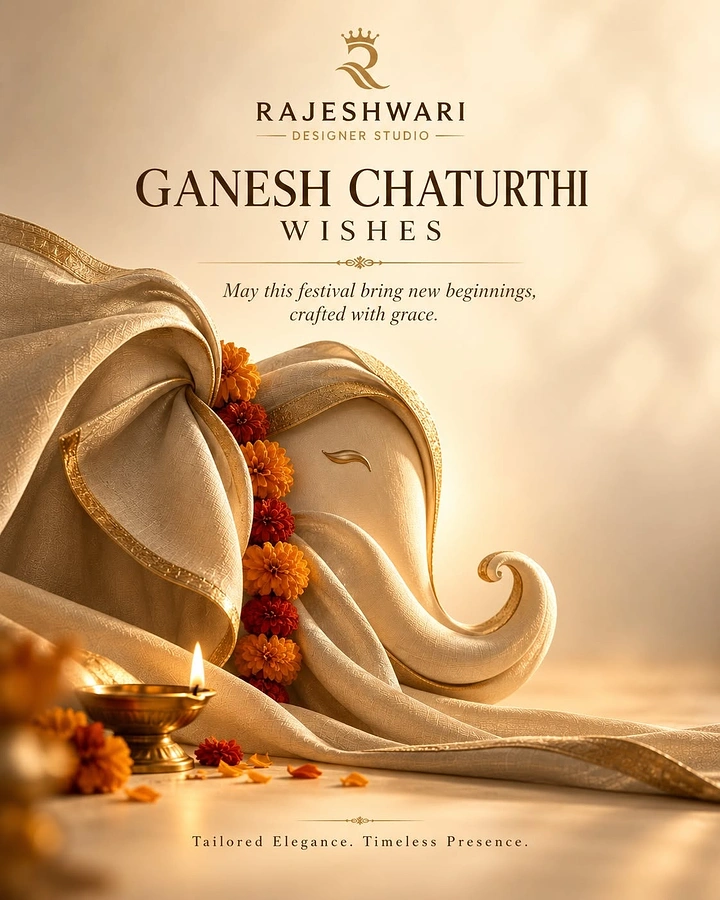 Ganesh Chaturthi creative ad: Ganesha form sculpted from draped ivory silk with a gold border