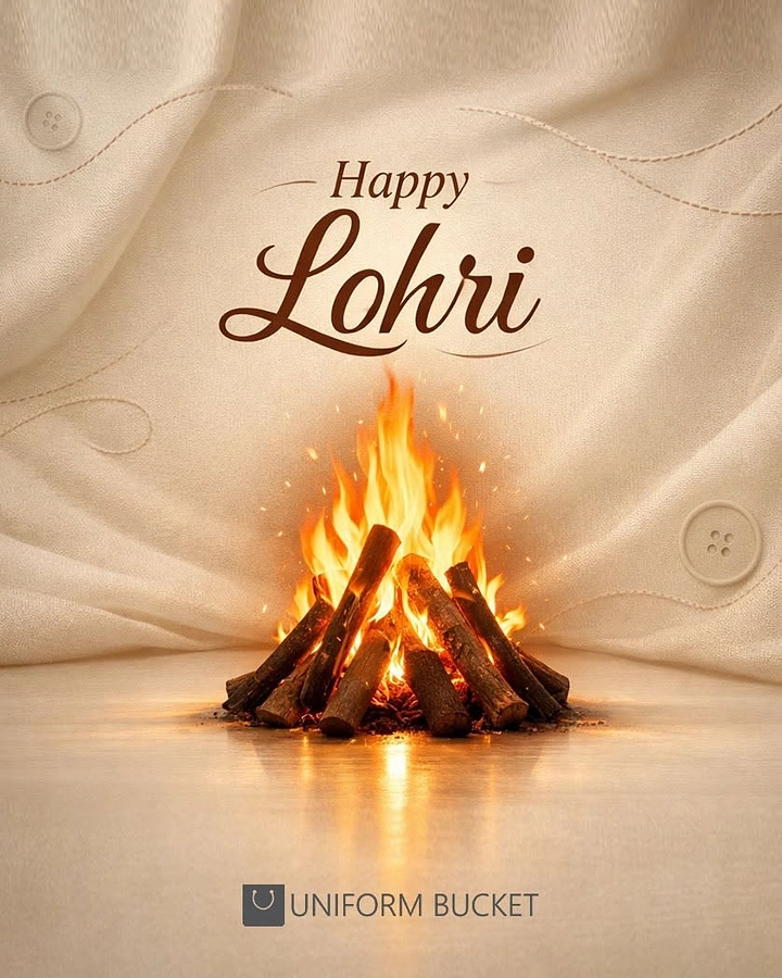 Lohri creative ad: Glowing log bonfire in front of draped cream fabric with buttons