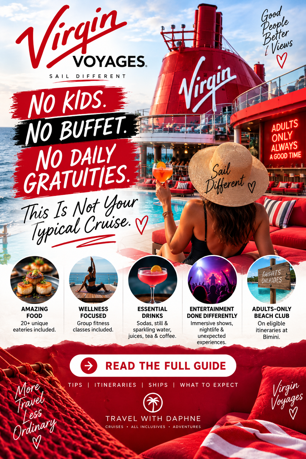 Poster: Adults-only cruise experience aboard a vivid red ship