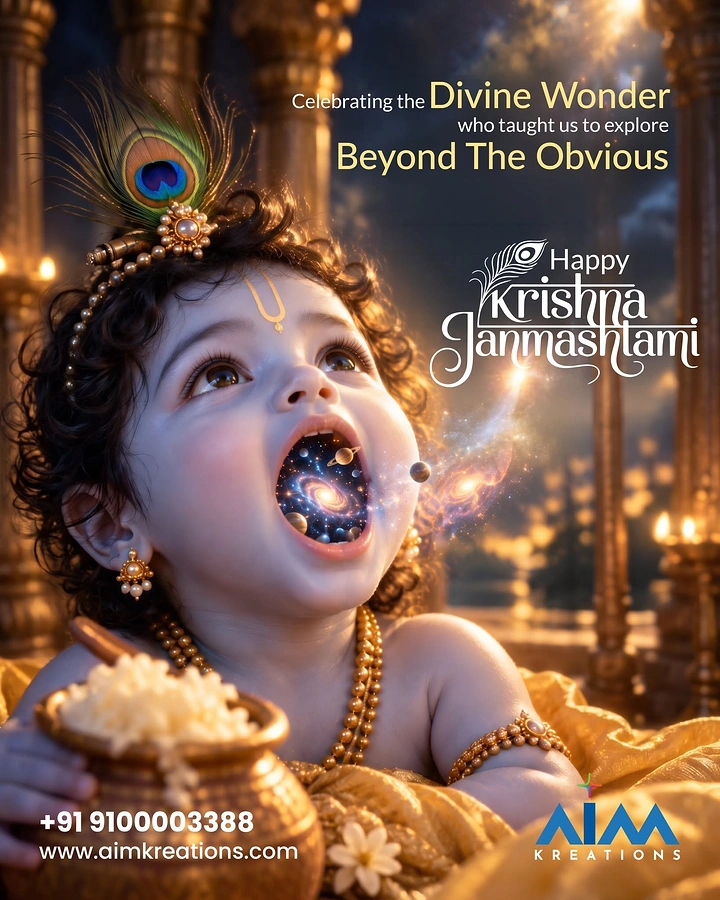 Janmashtami creative ad: AI-rendered baby Krishna with a galaxy inside his open mouth