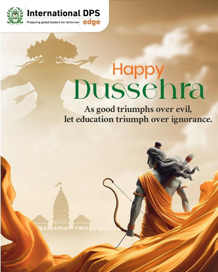 Dussehra creative ad: Cinematic rear view of Rama drawing a bow across a golden landscape