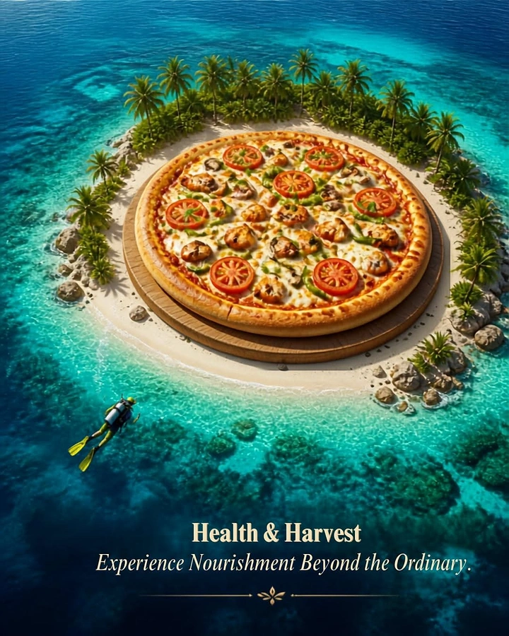 Organic & Farm Produce creative ad: Giant pizza placed on a tropical island, seen from the air