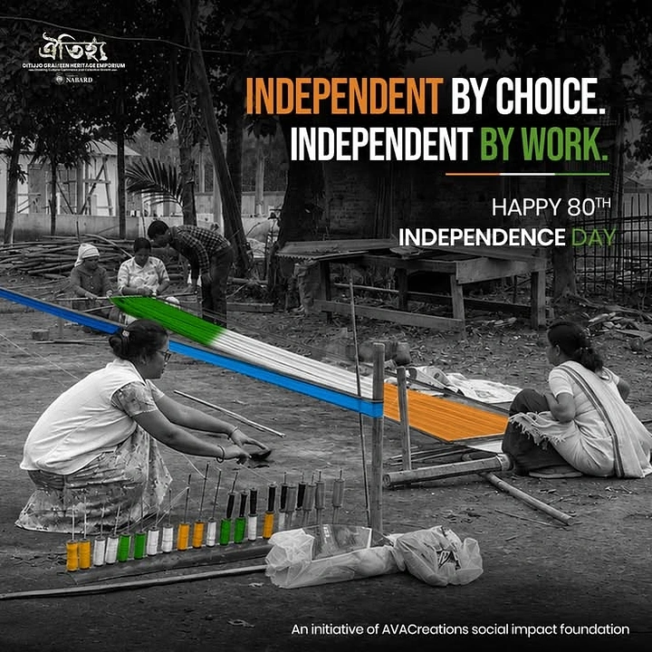 Independence Day creative ad: Rural women weaving on a handloom with tricolour warp threads, selective colour