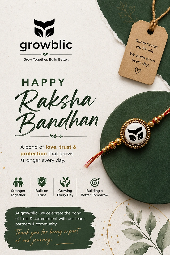 Raksha Bandhan creative ad: Brand-logo rakhi on a dark green disc with a kraft tag