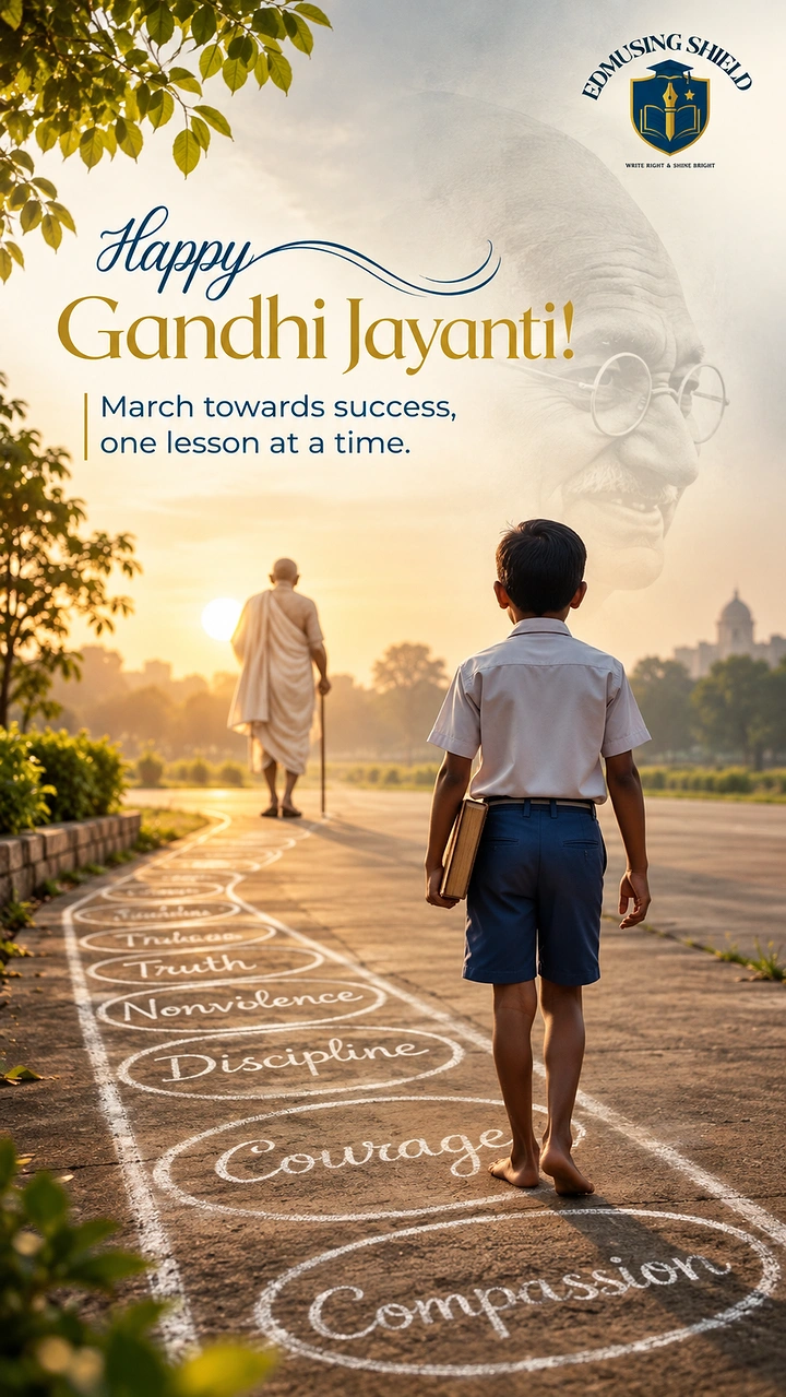 Gandhi Jayanti creative ad: Schoolboy walking a chalk path of values towards a Gandhi figure at sunrise