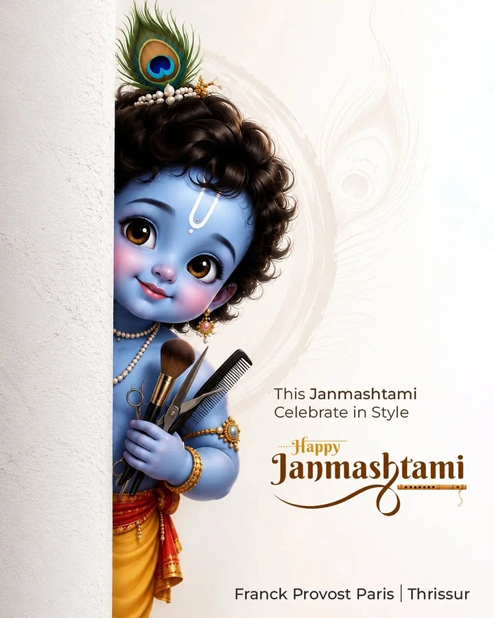 Janmashtami creative ad: Cute 3D baby Krishna peeking from behind a wall holding salon brushes, scissors and comb