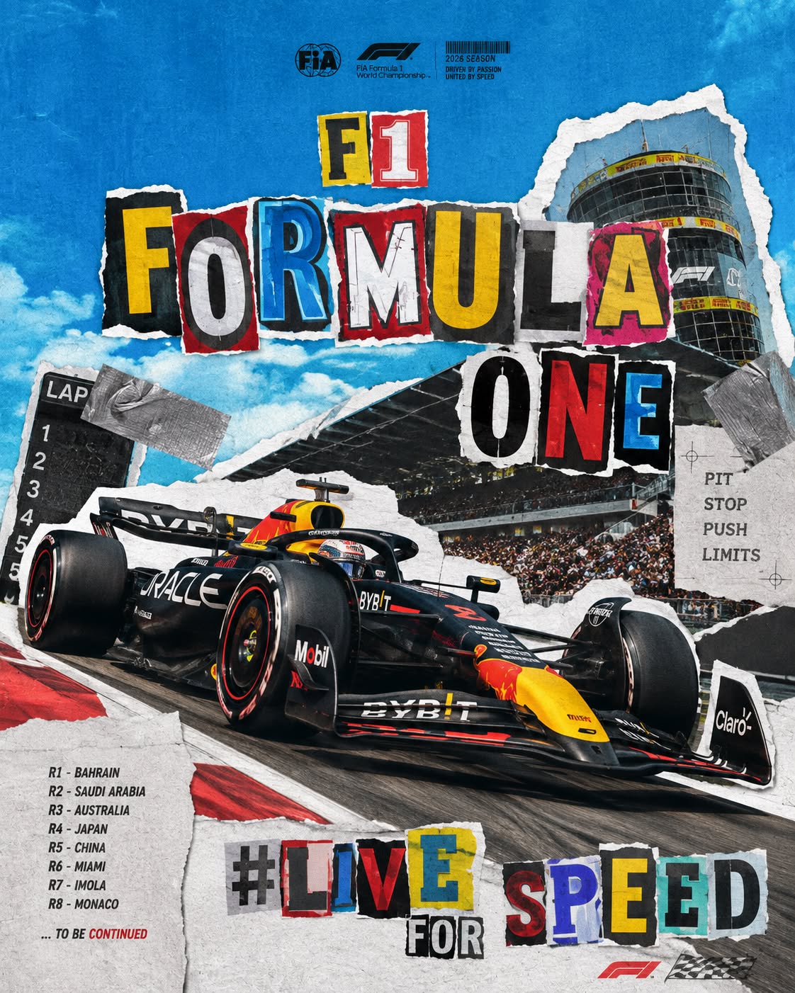 Instagram post: Formula One car cornering on track in torn-paper collage