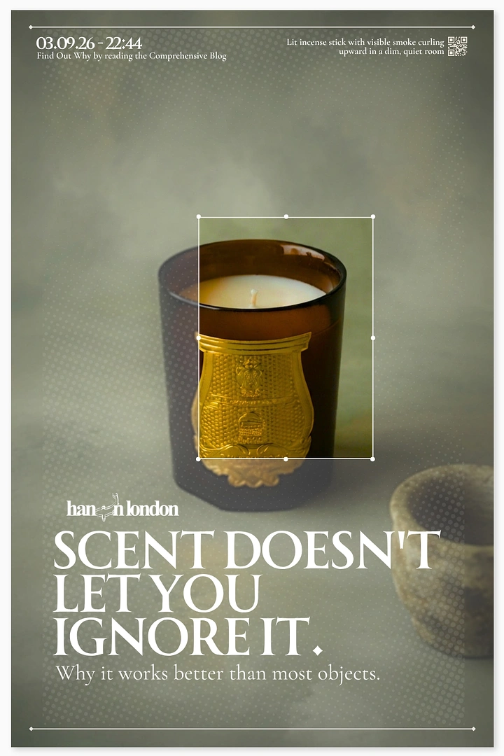 Candles & Home Fragrance creative ad: Editorial crop box, witty scent headline
