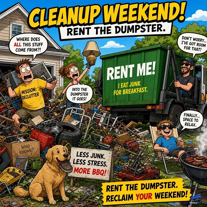 Junk Removal creative ad: Comic cleanup-weekend storytelling concept