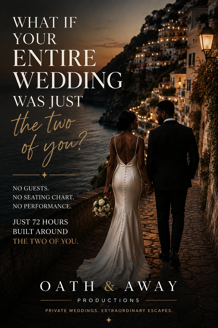 Travel creative ad: Newlywed couple walking hand in hand along a glowing coastal village at dusk