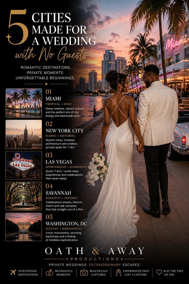 Travel creative ad: Wedding couple walking through a palm-lined Miami waterfront at sunset