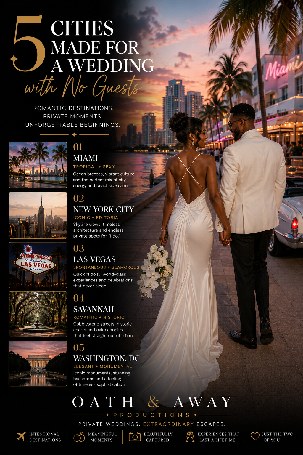 Poster: Wedding couple walking through a palm-lined Miami waterfront at sunset
