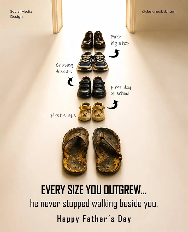 Father's Day creative ad: Pairs of shoes growing in size leading to a door, with a father's worn slippers