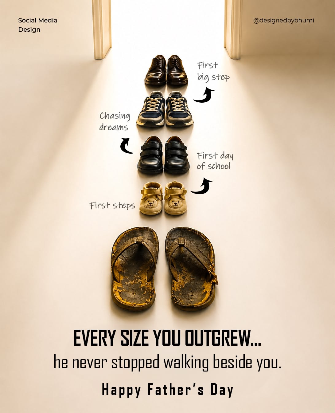 Pairs of shoes growing in size leading to a door, with a father's worn slippers