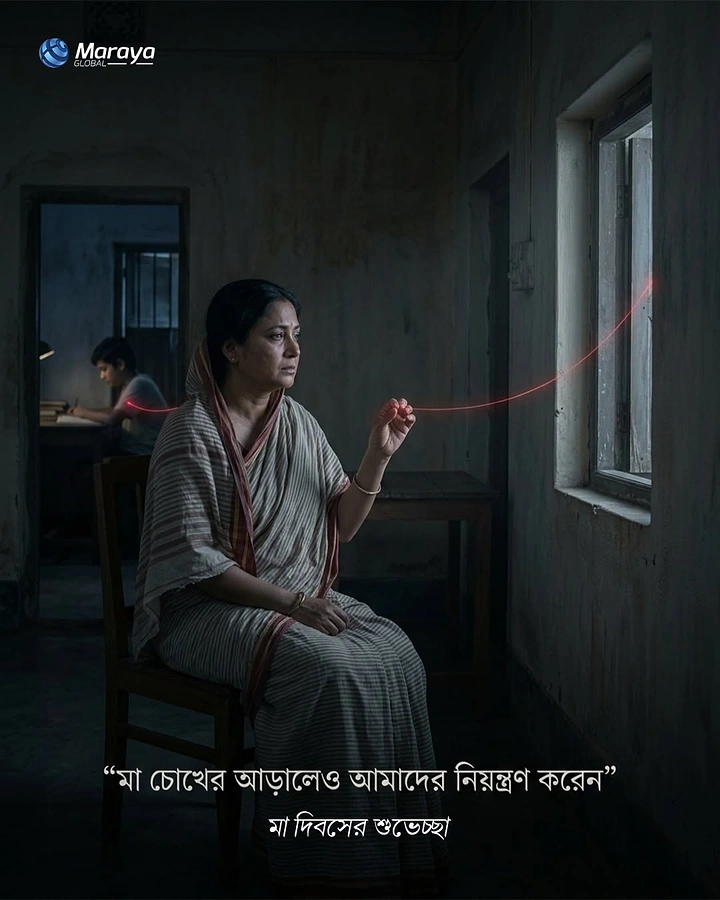 Mother's Day creative ad: Mother by a window holding a glowing red thread tied to her son studying