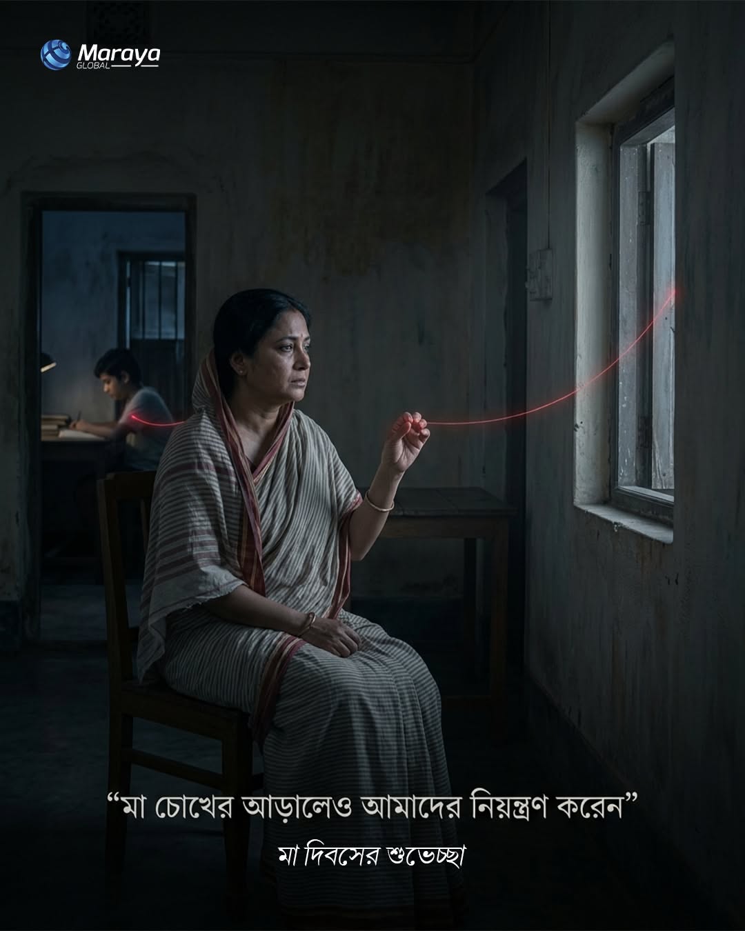 Mother by a window holding a glowing red thread tied to her son studying