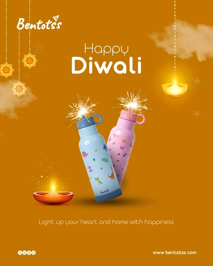 Diwali creative ad: Two kids' printed water bottles with sparklers bursting from their caps