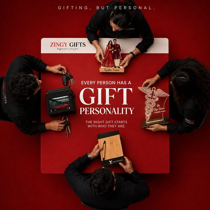 Handmade & Small Makers creative ad: Overhead view of four people presenting personalised gifts around a red table