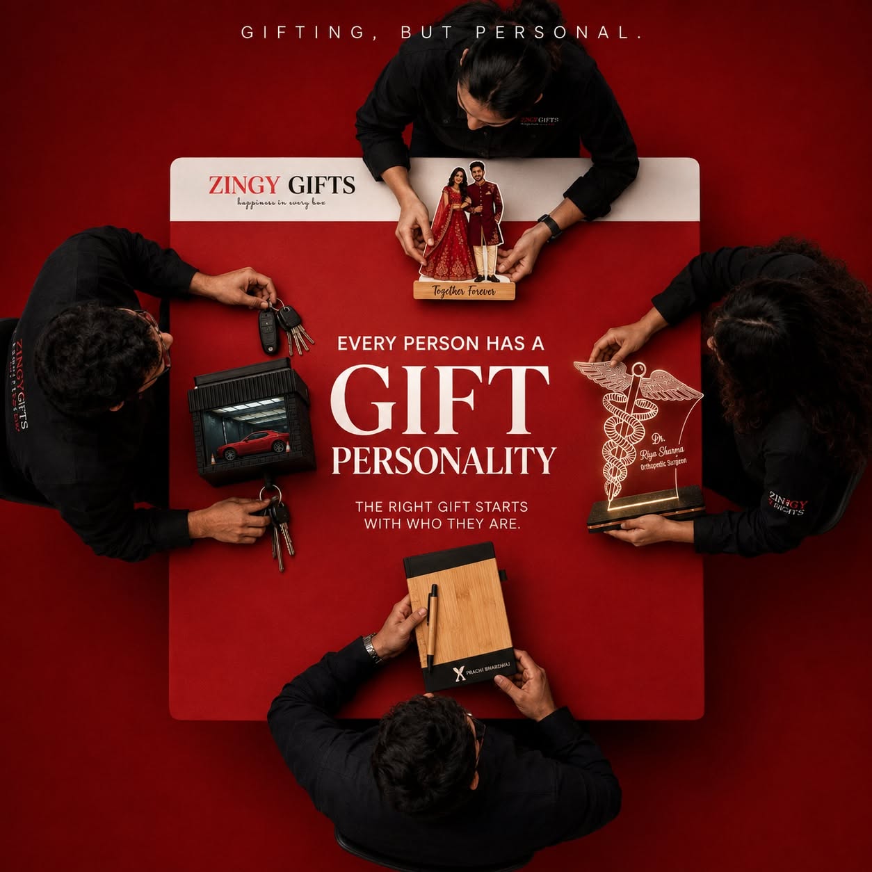 Instagram post: Overhead view of four people presenting personalised gifts around a red table