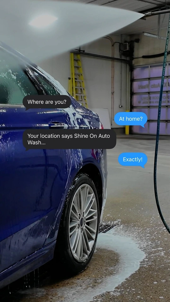Car Wash & Detailing creative ad: Chat-bubble copy over wash photo
