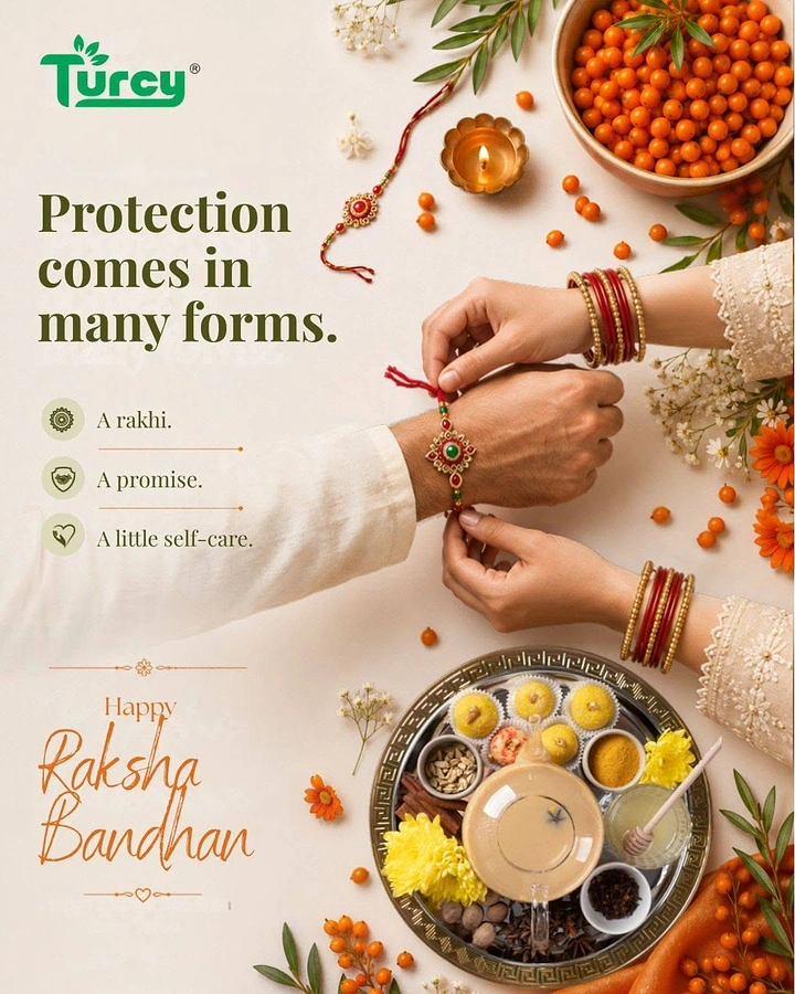 Raksha Bandhan creative ad: Top-down view of hands tying a rakhi next to a wellness thali