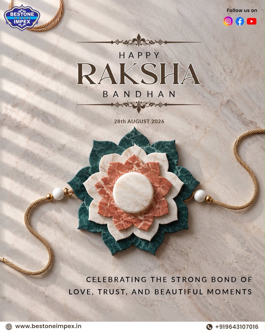 Rakhi made of layered carved marble lotus petals on gold cord