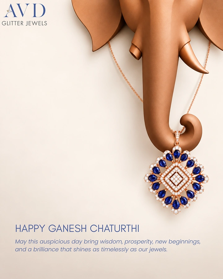 Ganesh Chaturthi creative ad: Matte copper elephant head whose trunk holds a sapphire-diamond pendant