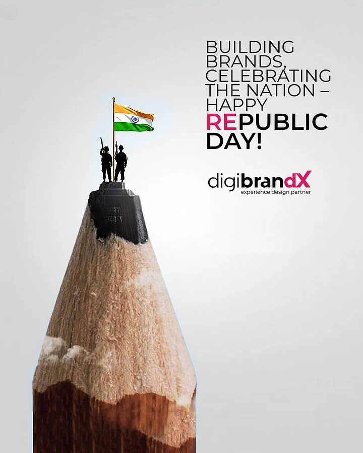 Republic Day creative ad: Soldiers raising a flag on a sharpened pencil tip