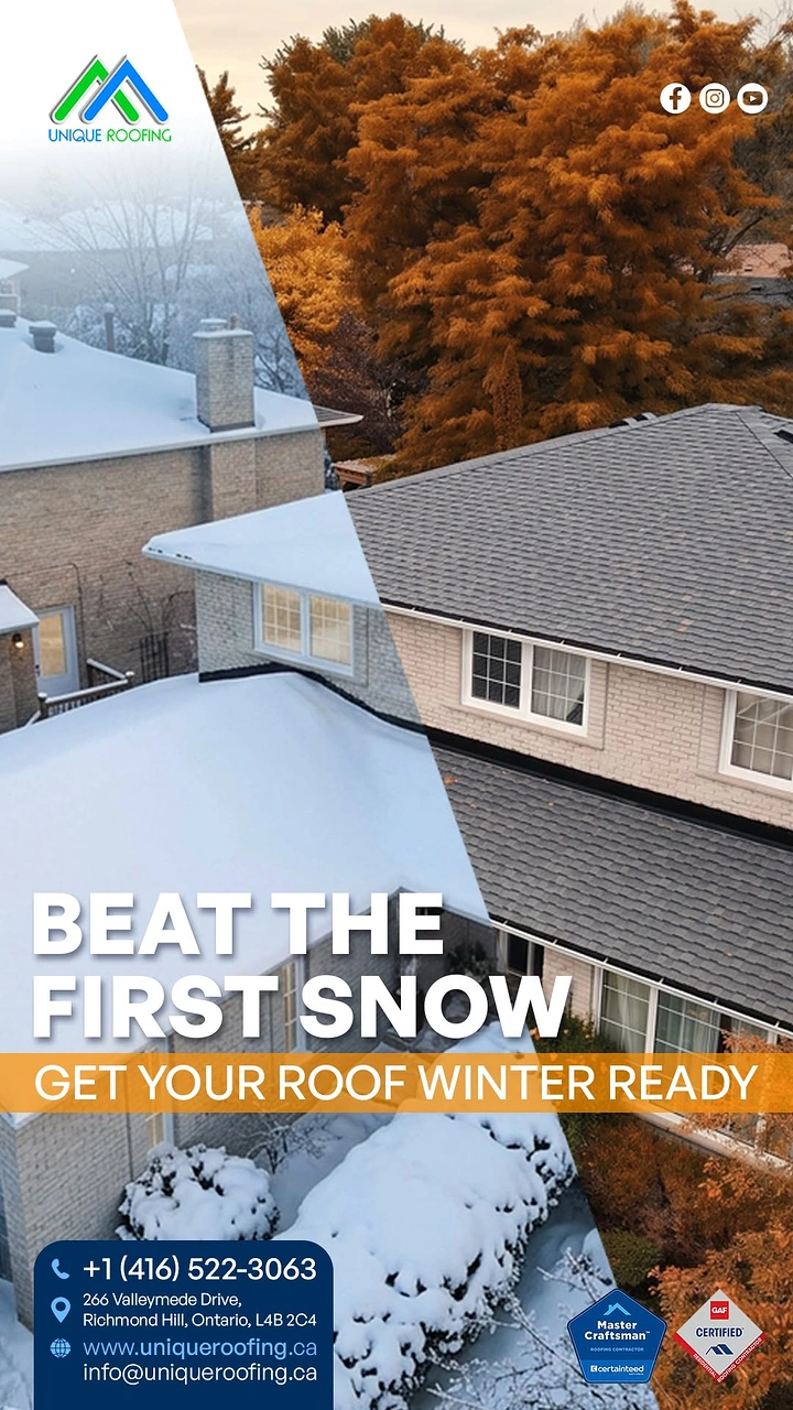Roofing creative ad: Same house split autumn to snow