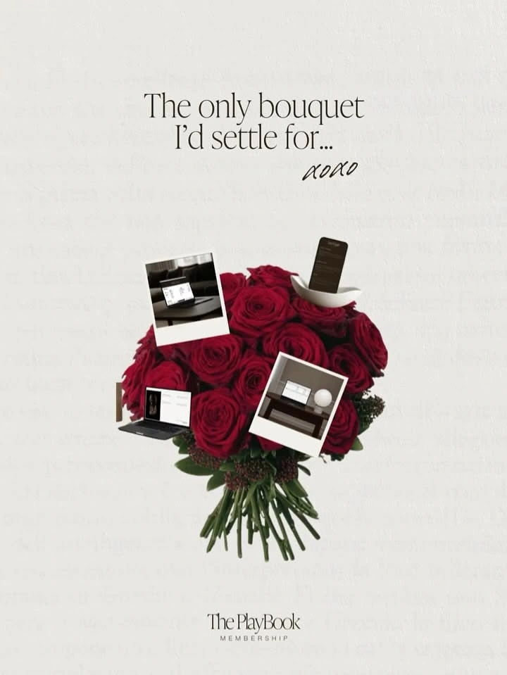 Valentine's Day creative ad: Red rose bouquet collaged with polaroids and devices