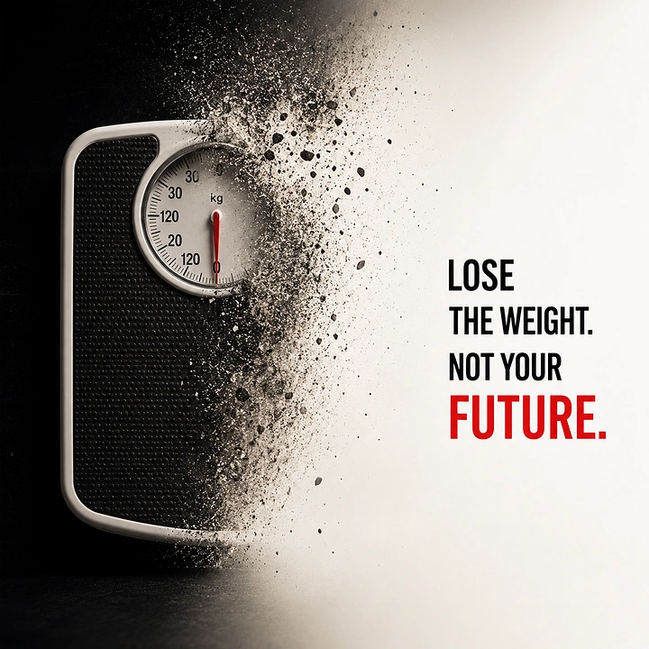 Weight Loss Clinics creative ad: Scale dust creates future-loss metaphor