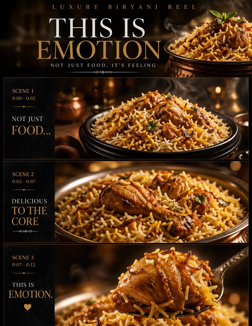 Creative: Storyboard of three close-up biryani shots