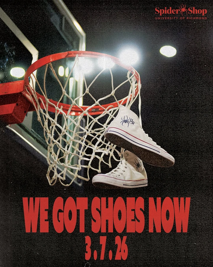Print-on-Demand & Merch creative ad: White high-top sneakers hanging from a basketball hoop net